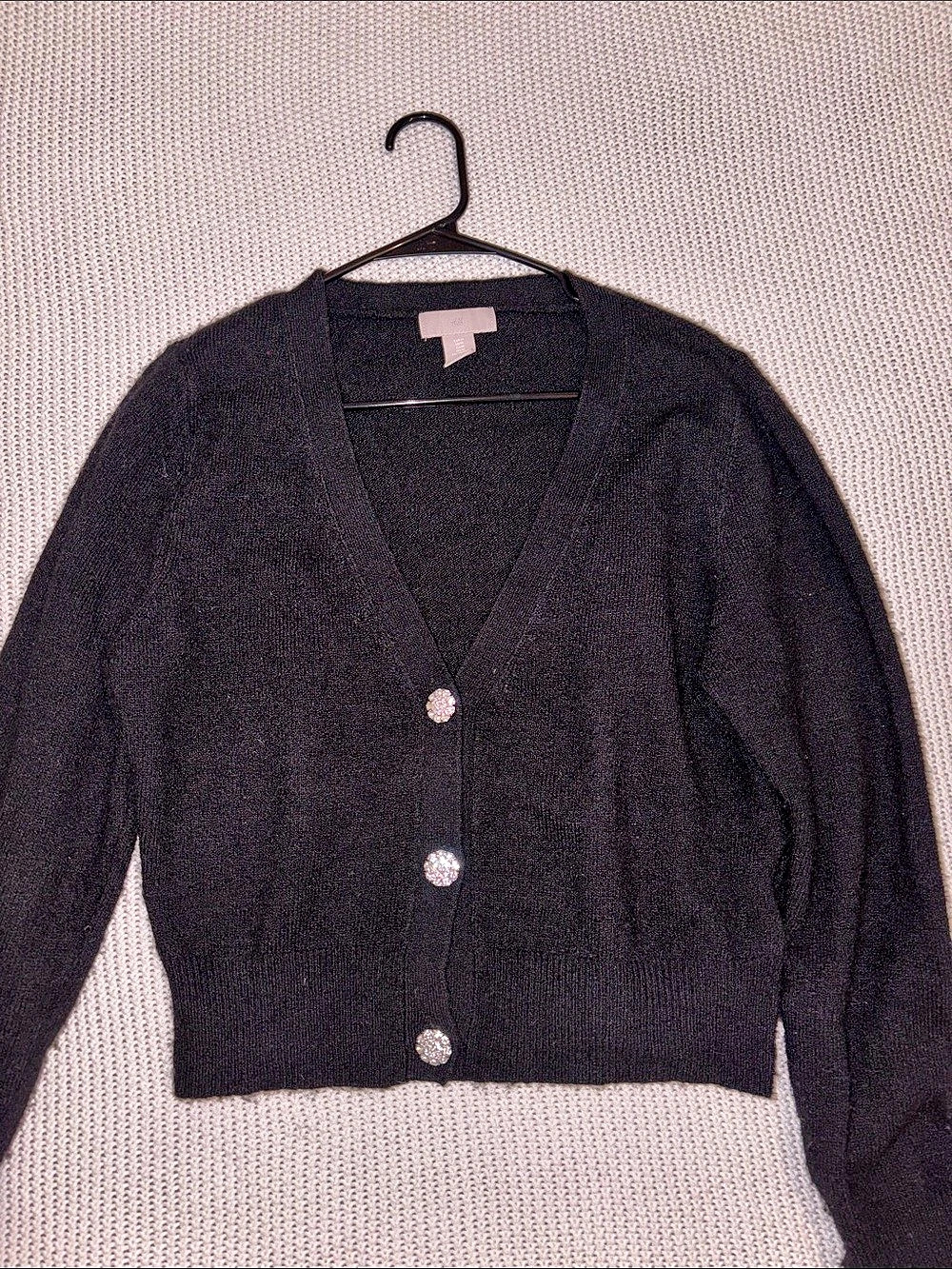 H&M Rhinestone-Button Fluffy-Knit Cardigan Black